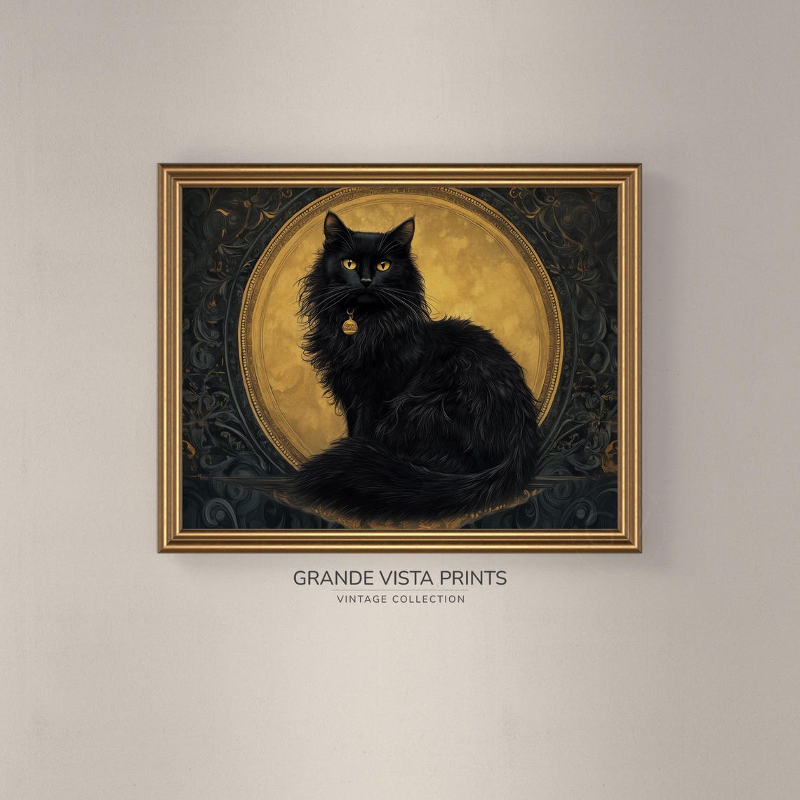 Long Haired Black Cat Golden Moon Gothic Dark Elegant Wall Art - Image 3