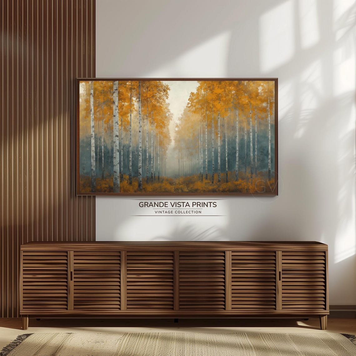 Orange Canopy Birch Forest Misty Blue Autumn Vintage Wall Art - Image 3