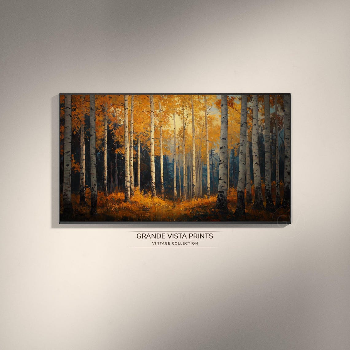 Dense Orange Autumn Birch Grove Dark Blue Vintage Forest Poster