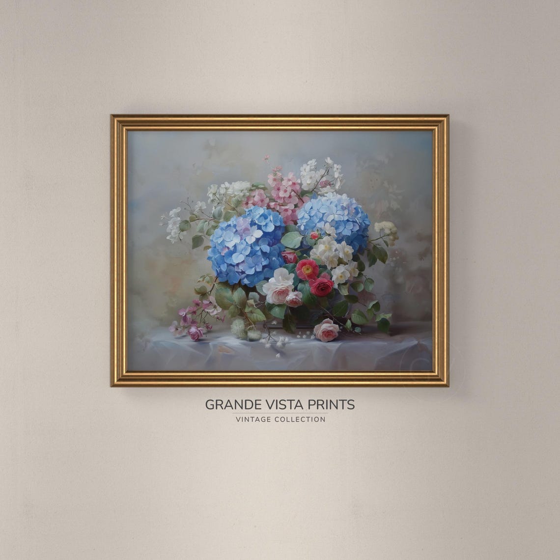 Blue Hydrangea Pink Blossom Still Life Vintage Floral Wall Poster - Image 3