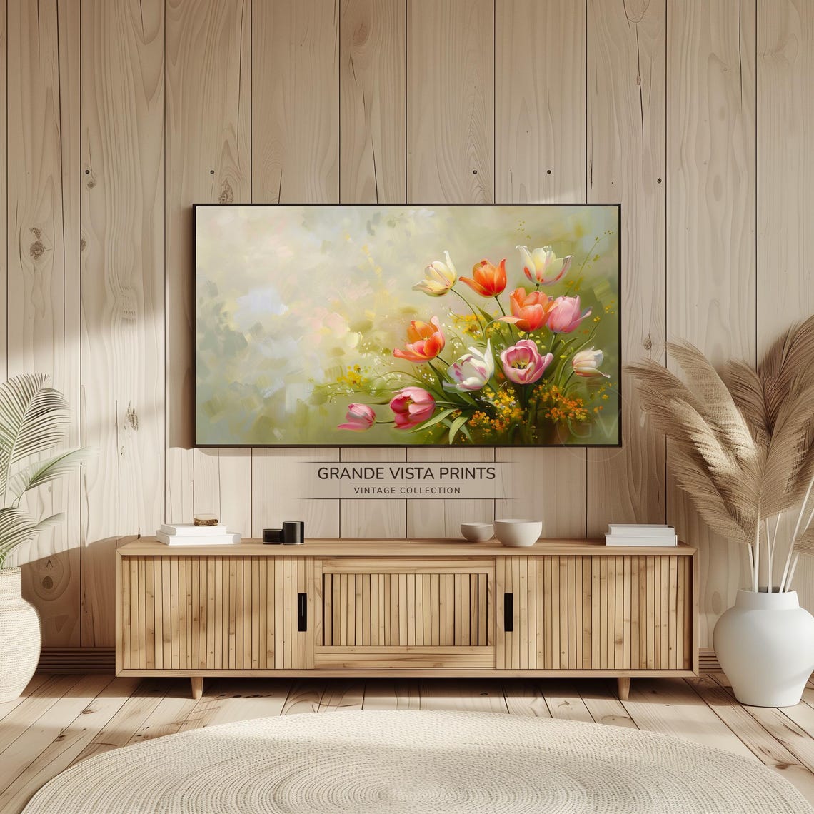 Spring Tulips Pink Orange White Blooms Soft Sage Floral Art Poster - Image 2