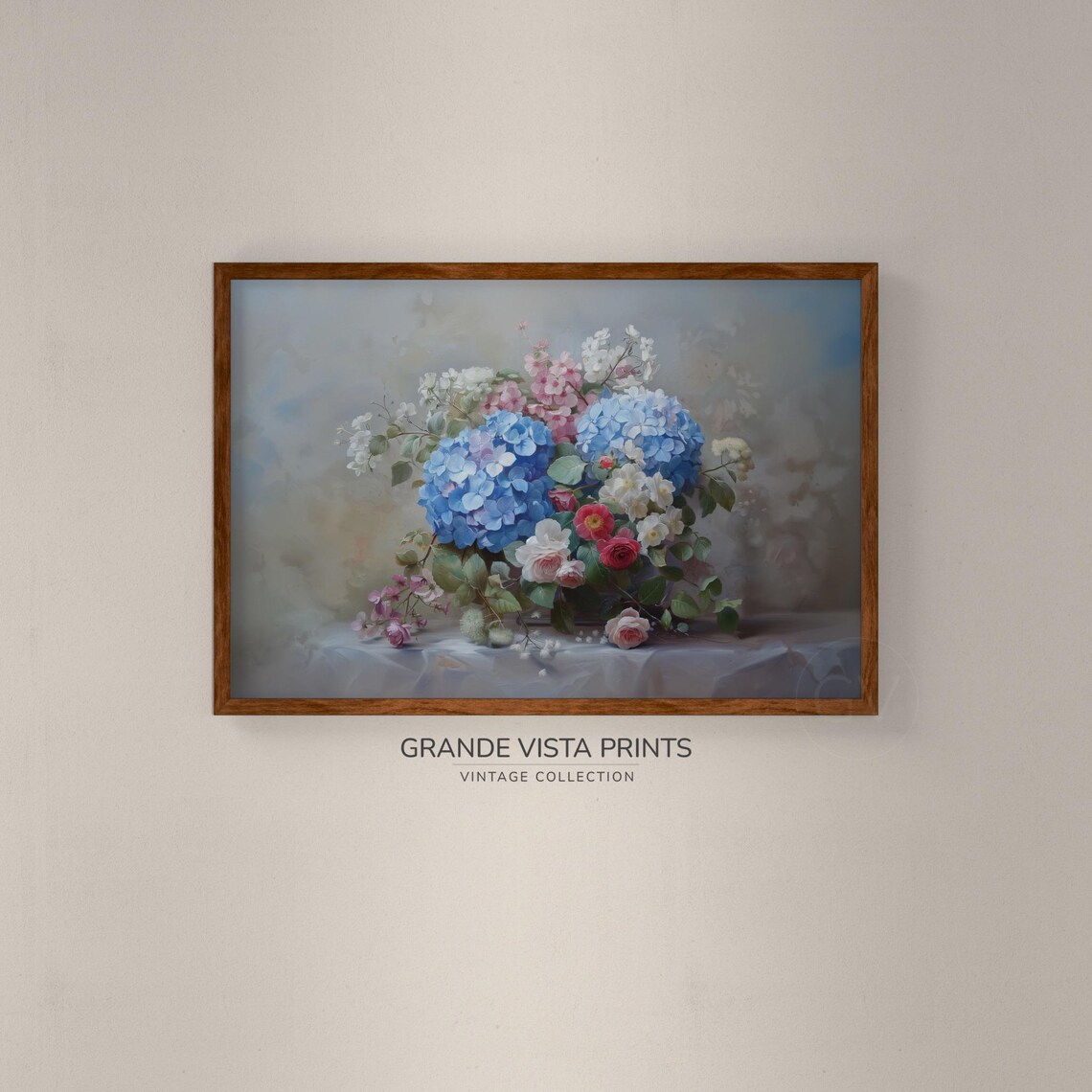 Blue Hydrangea Pink Blossom Still Life Vintage Floral Wall Poster - Image 2