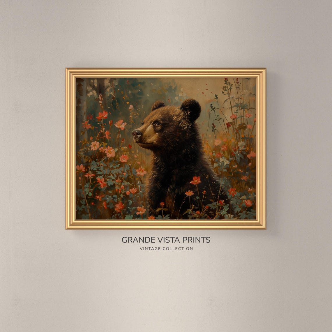 Bear Cub Red Wildflower Profile Vintage Wildlife Wall Art Poster - Image 3