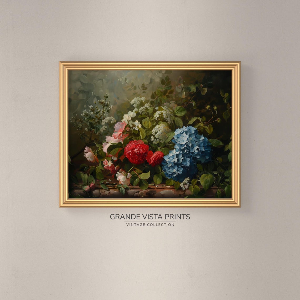 Red Roses Blue Hydrangea White Blossoms Moody Still Life Floral Poster - Image 3