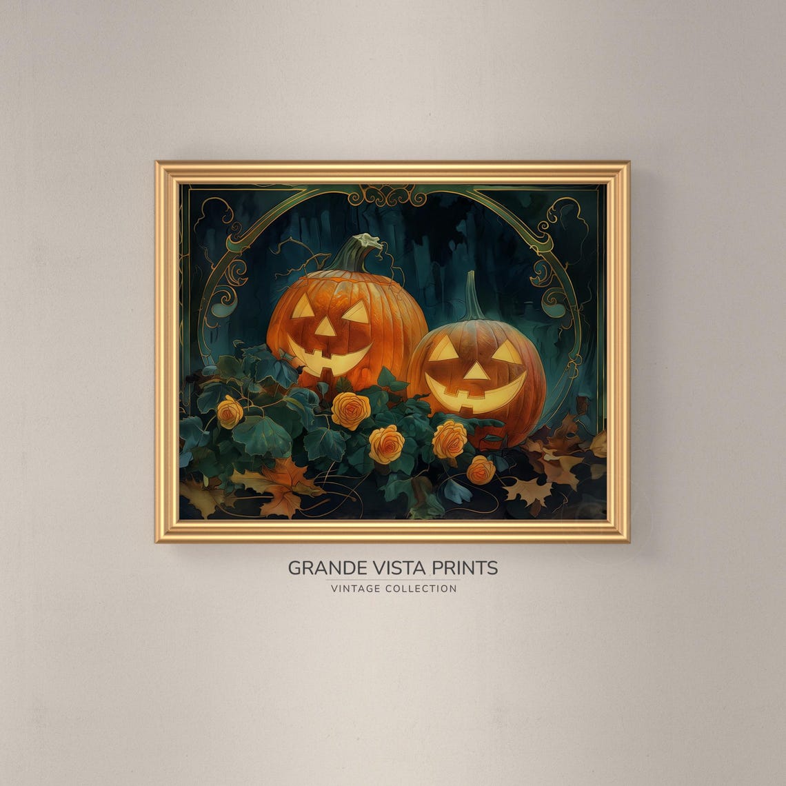Halloween Jack O Lantern Roses Vintage Pumpkin Wall Art Poster - Image 3