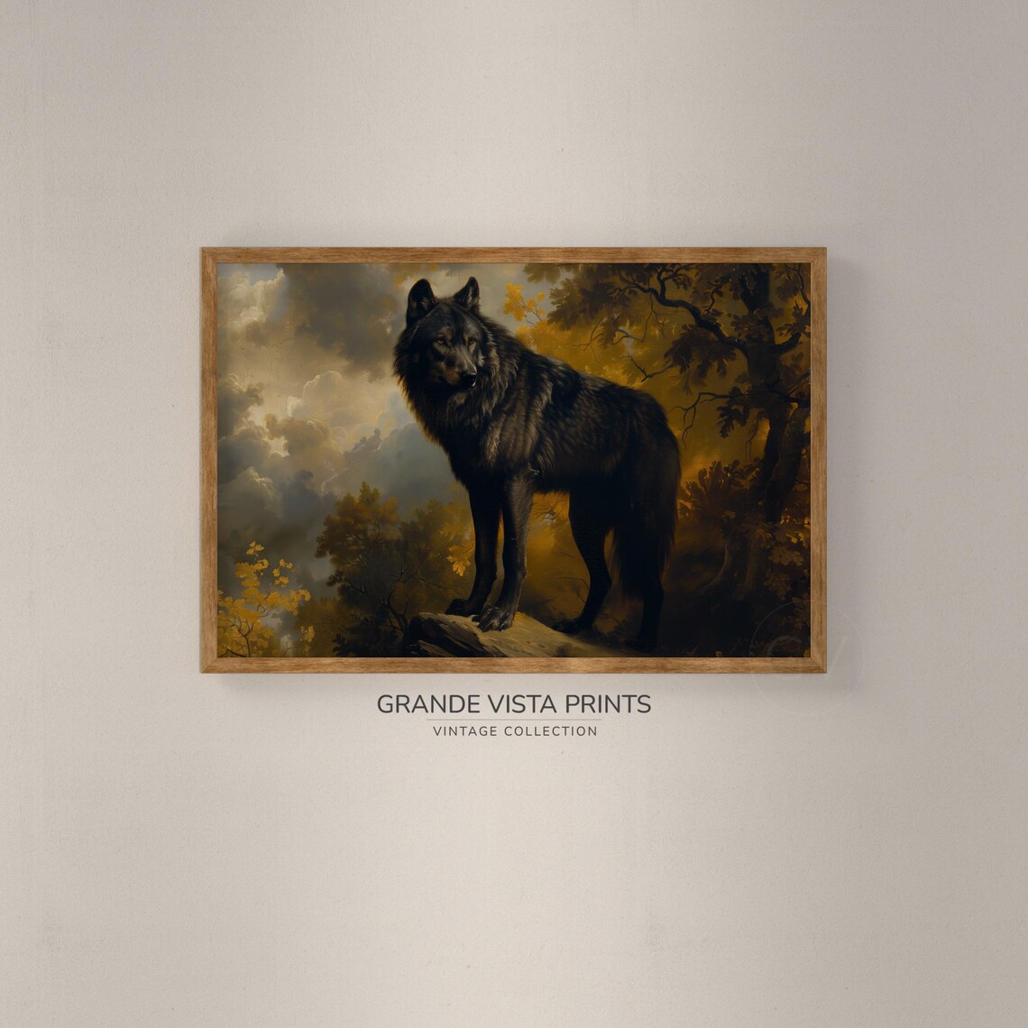 Black Wolf Forest Landscape Painting Art Print - Image 2