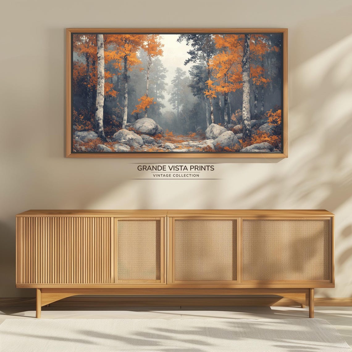 Misty Fall Forest Orange Aspens Boulders Foggy Vintage Painting - Image 4