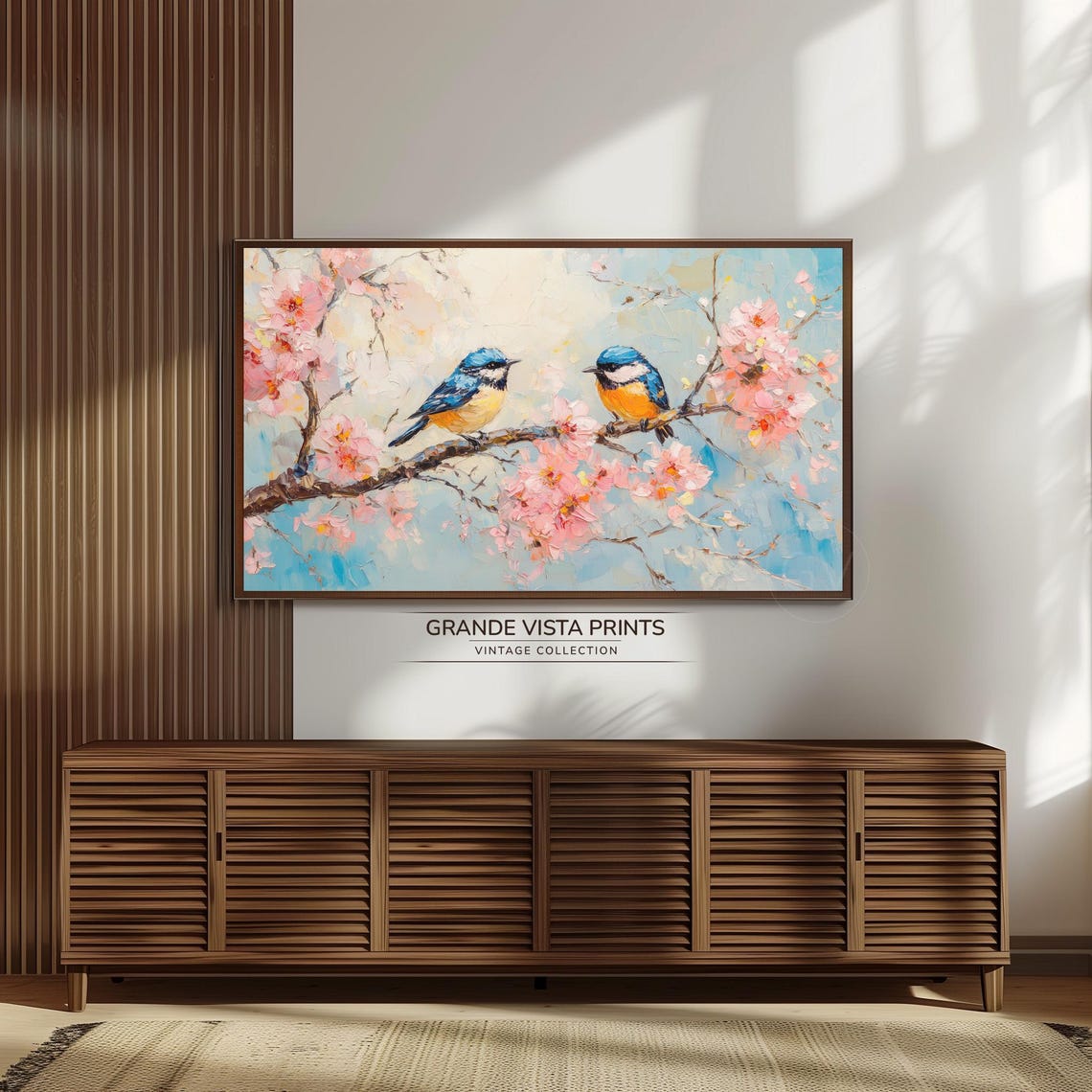 Blue and Yellow Birds on Pink Blossom Branch Impressionist Wall Art - Image 3