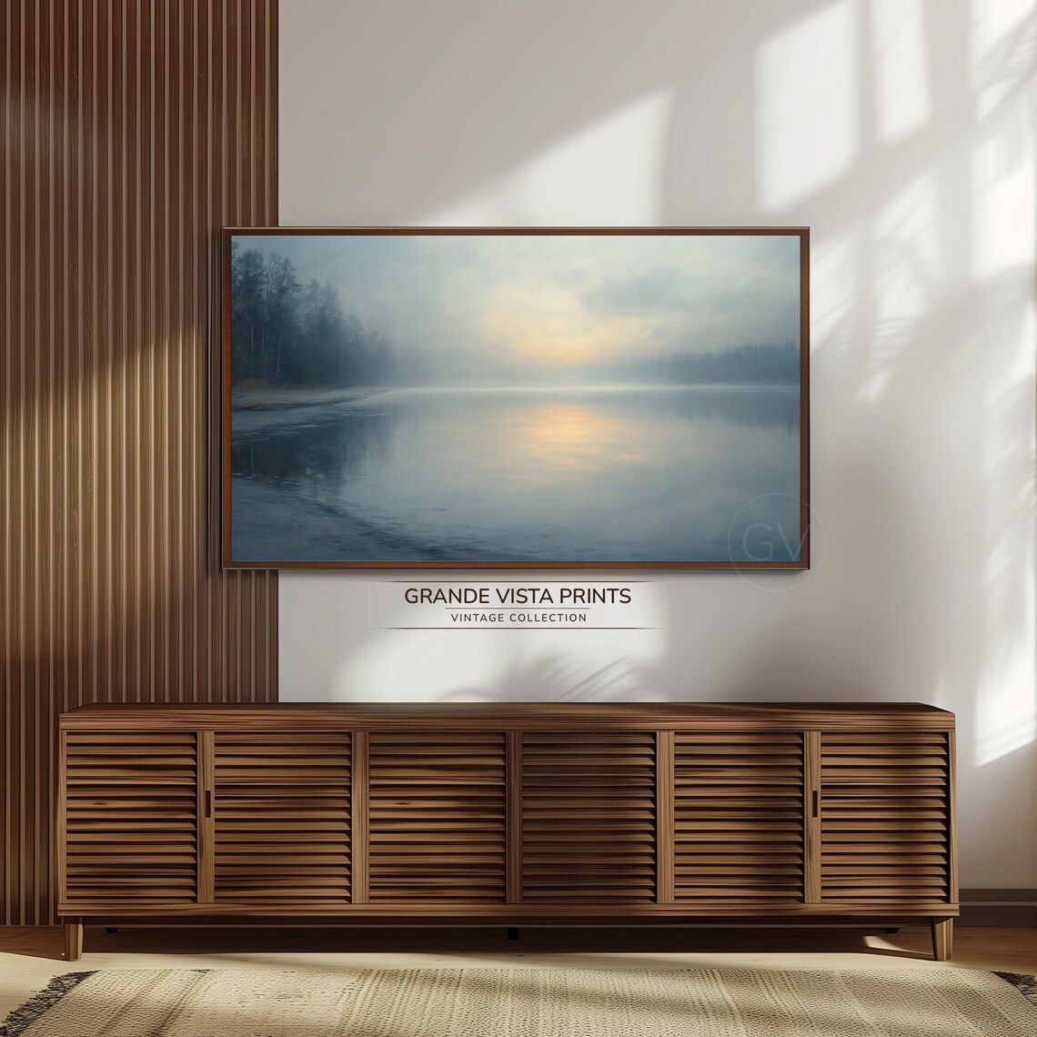 Misty Lake Sunrise Golden Reflection Foggy Shore Painting Poster - Image 3