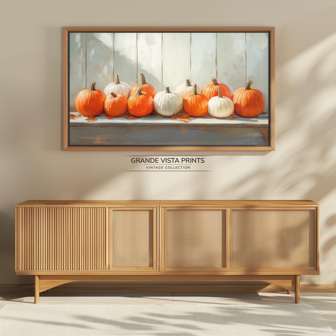Orange White Pumpkins Row Sunlit Shelf Vintage Fall Farmhouse Art Poster - Image 4
