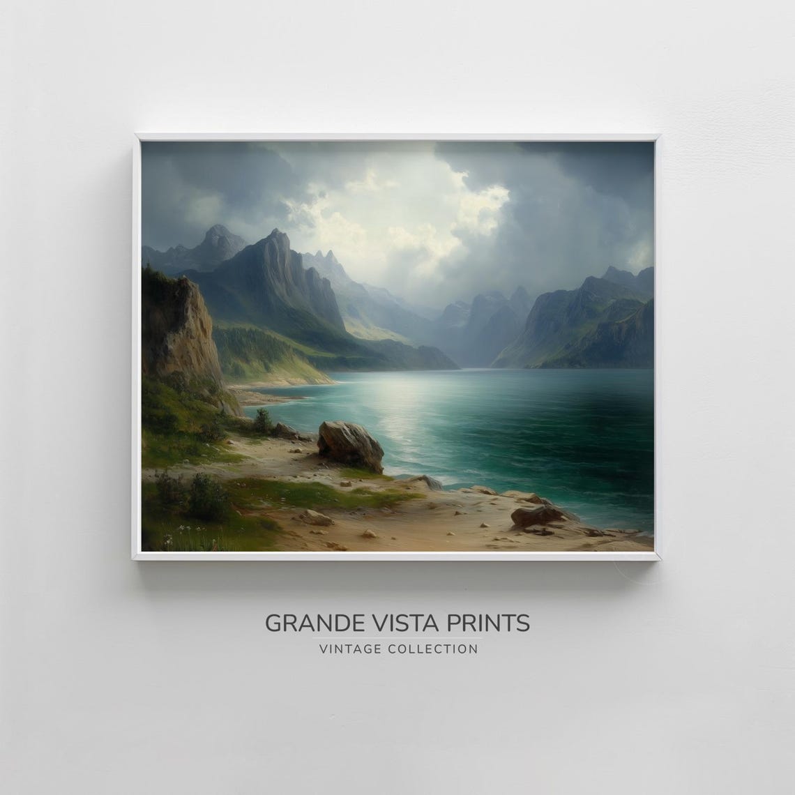 Dramatic Cloudy Sky Over Mountain Lake Rocky Shore Alpine Vista Poster - Image 4