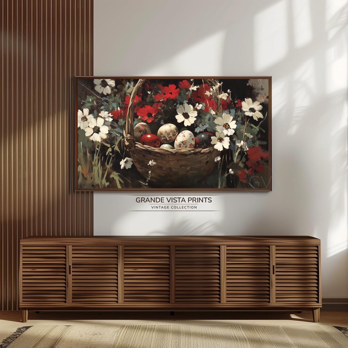 Easter Eggs Basket Red White Wildflowers Vintage Oil Painting Poster - Image 3
