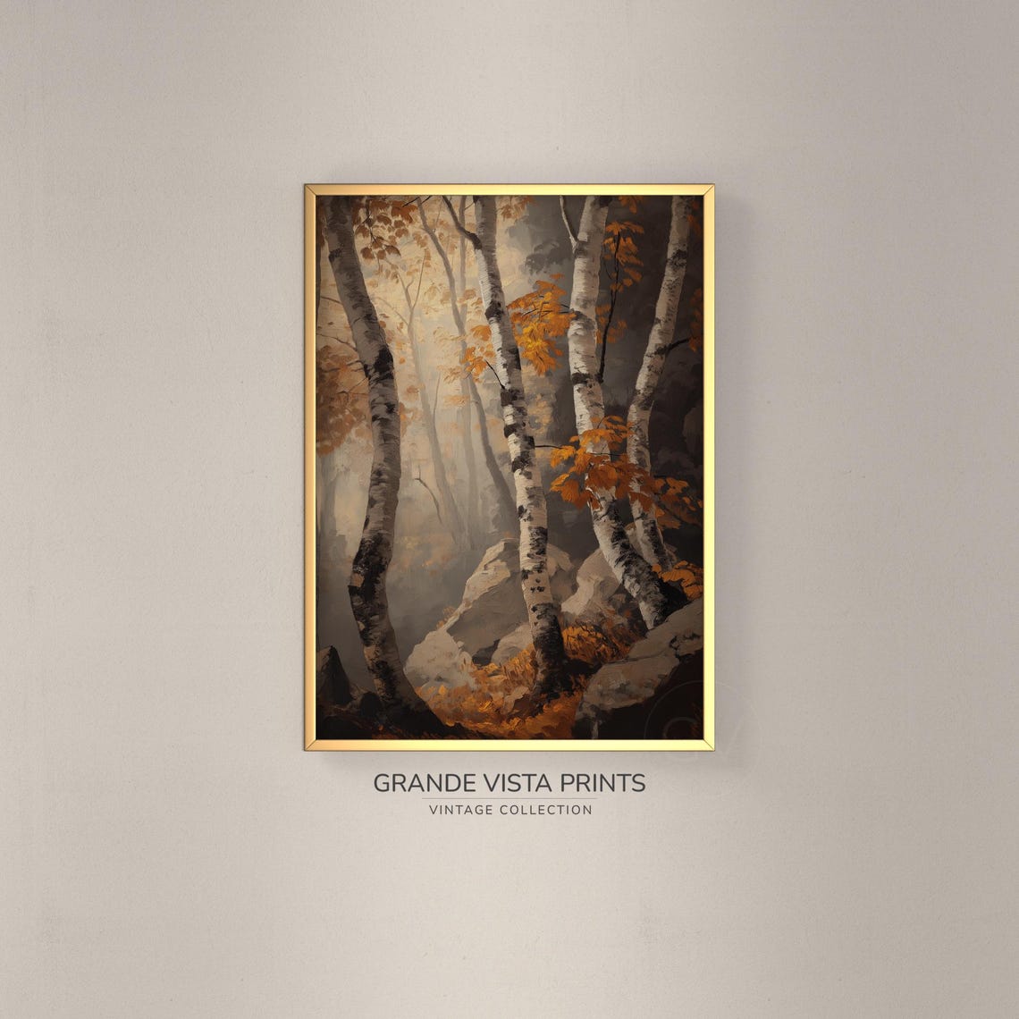Misty Birch Forest Rocks Warm Light Autumn Vintage Painting Print