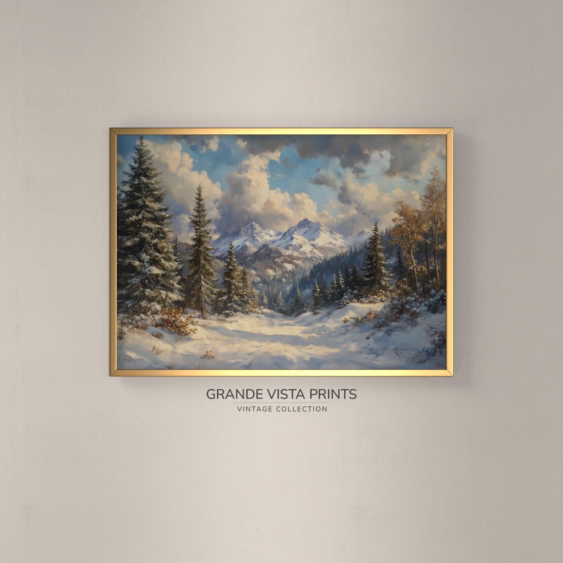 Snowy Mountain Valley Landscape Painting, Winter Wall Art