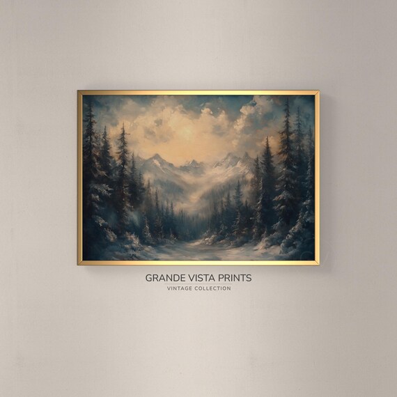 Dark Winter Mountain Valley Wall Art Winter Forest Landscape Painting Winter Mountain Forest Painting Gv4757