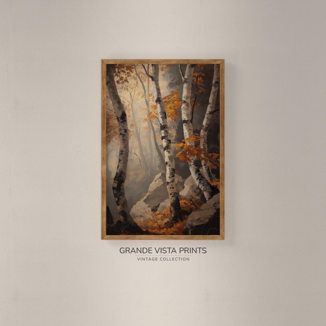 Misty Birch Forest Rocks Warm Light Autumn Vintage Painting Print - Image 2