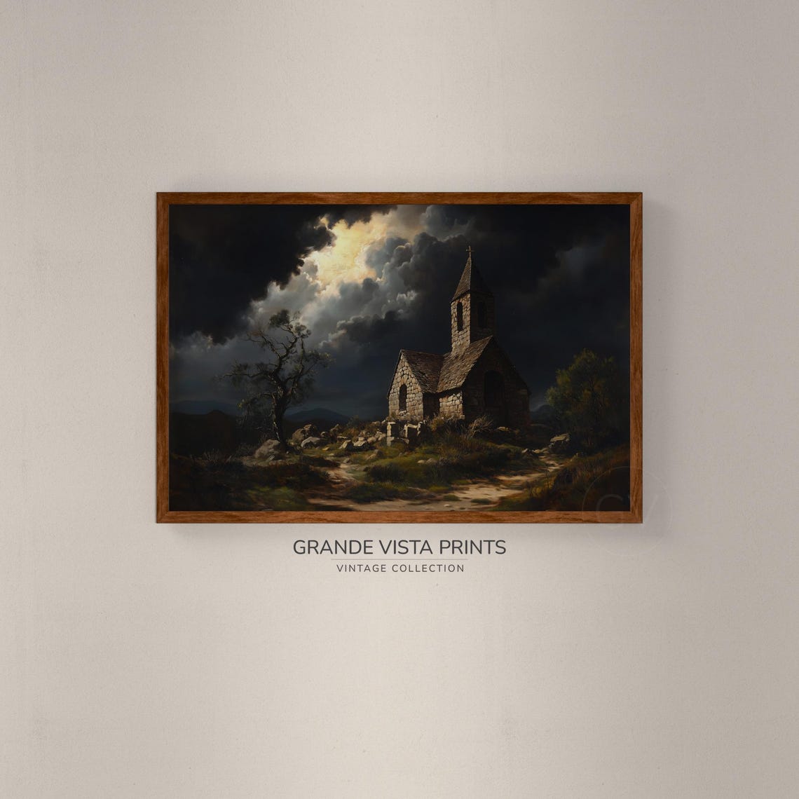Stone Chapel on Hill Dark Stormy Night Sky Gothic Halloween Art Print - Image 2