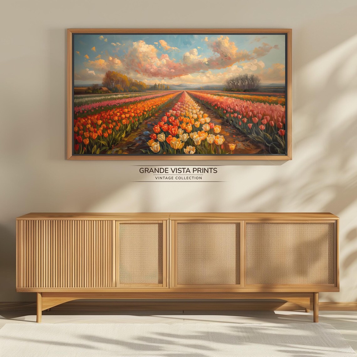Sunset Tulip Field Rows Red Orange Blossom Farming Valley Poster - Image 4
