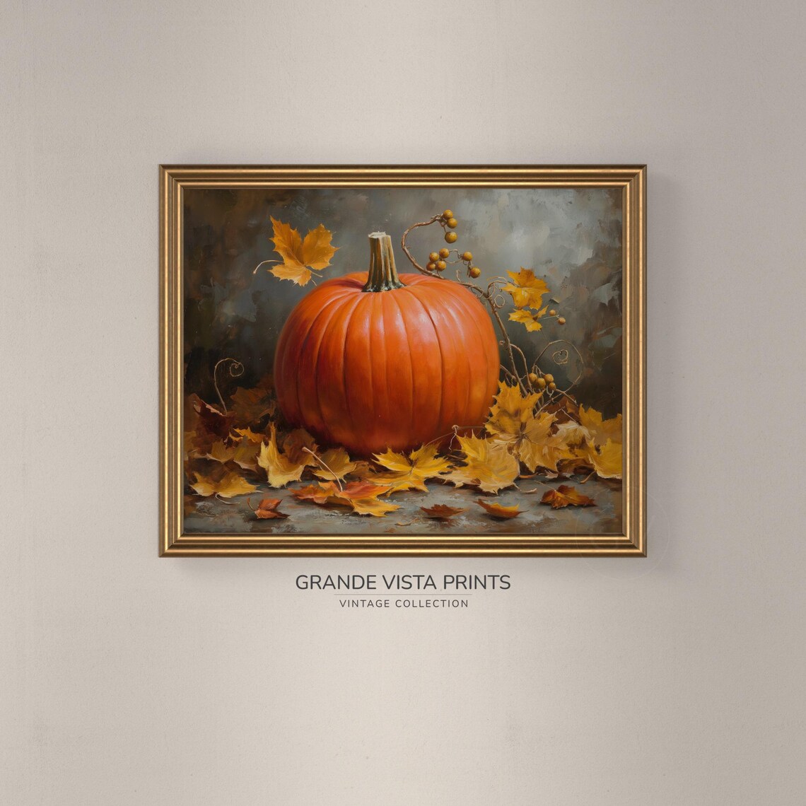 Orange Pumpkin Autumn Leaves Gray Harvest Still Life Painting Poster - Image 3