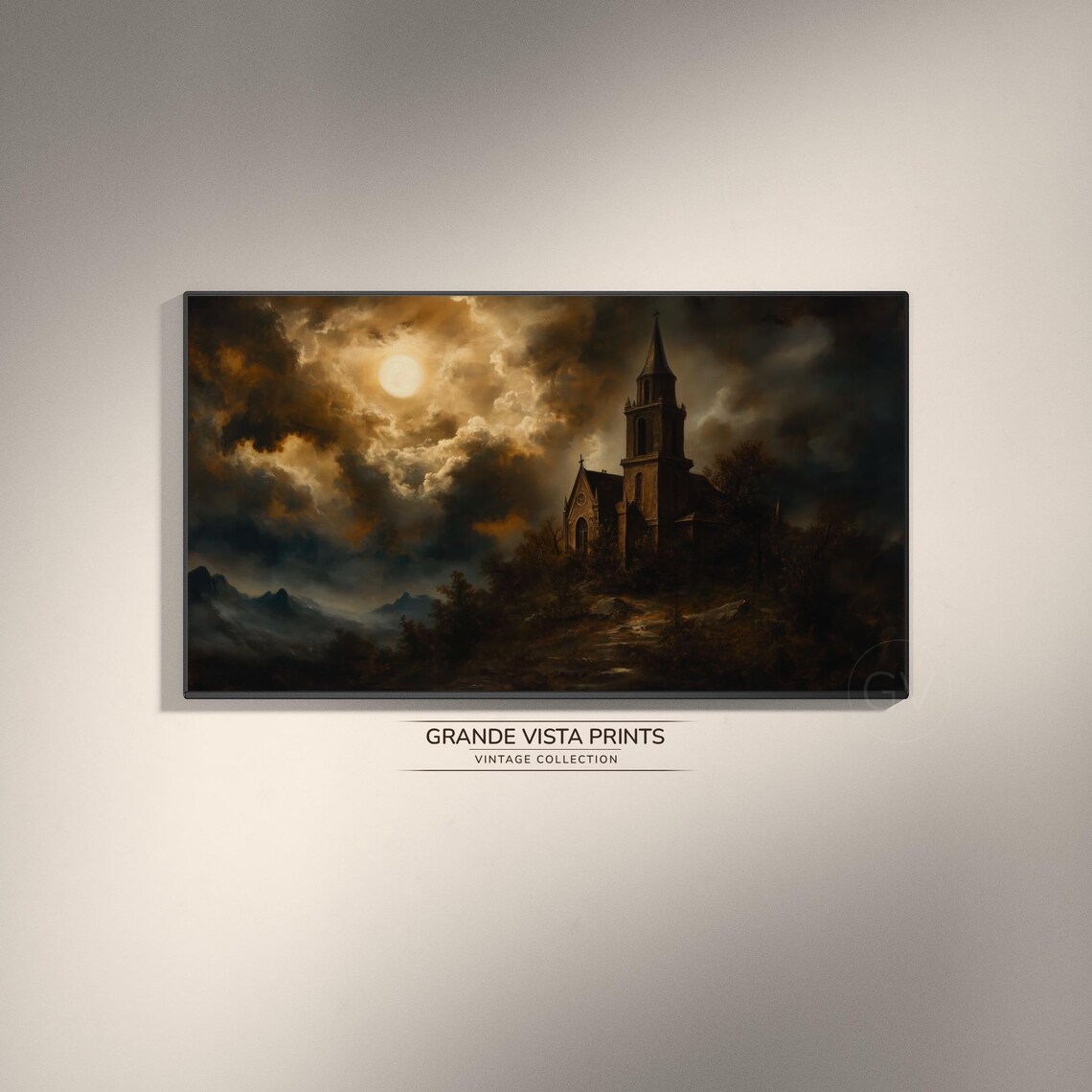 Spooky Halloween Church Full Moon Night Storm Clouds Vintage Gothic Poster