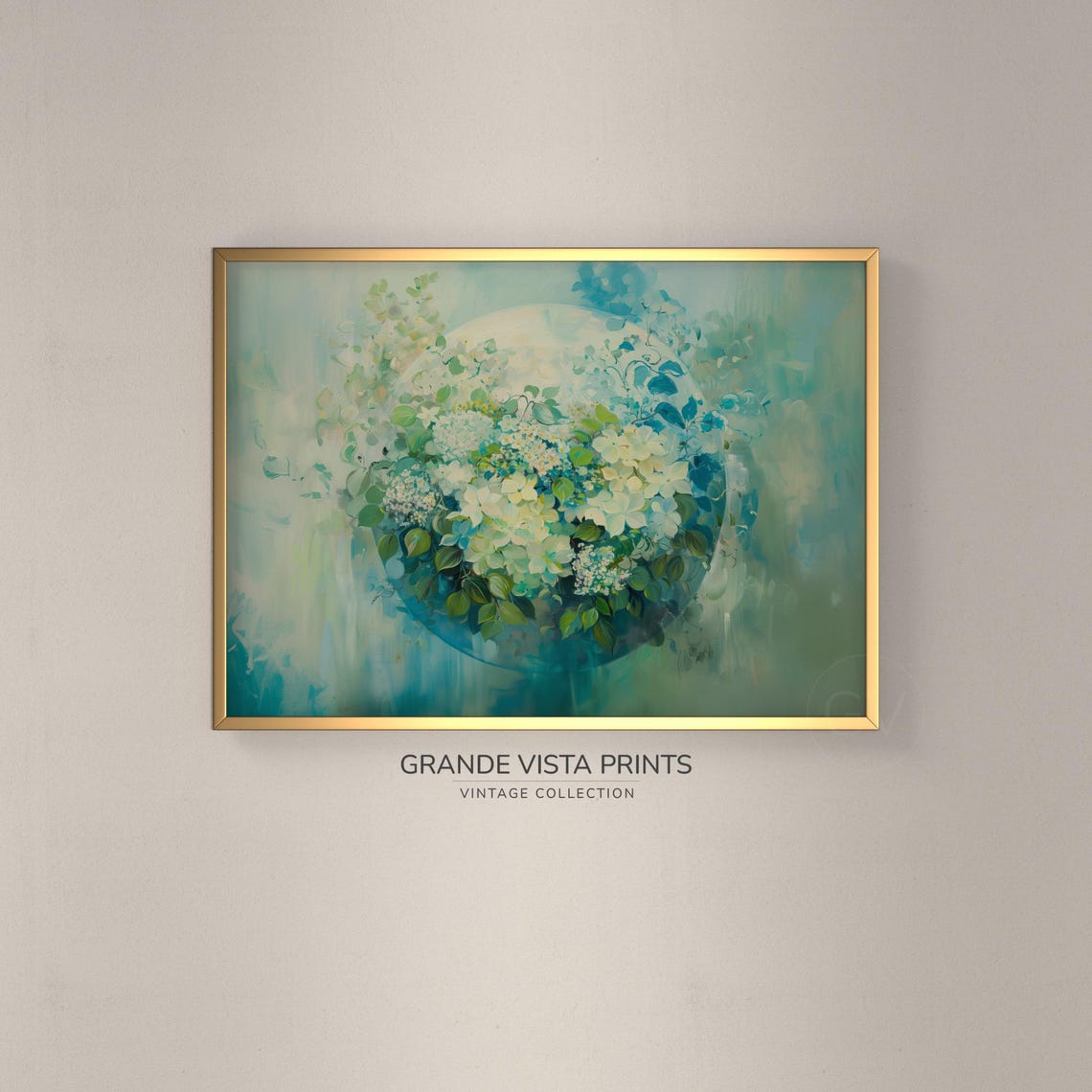 Green White Blossom Wreath Circle Watercolor Botanical Floral Wall Art