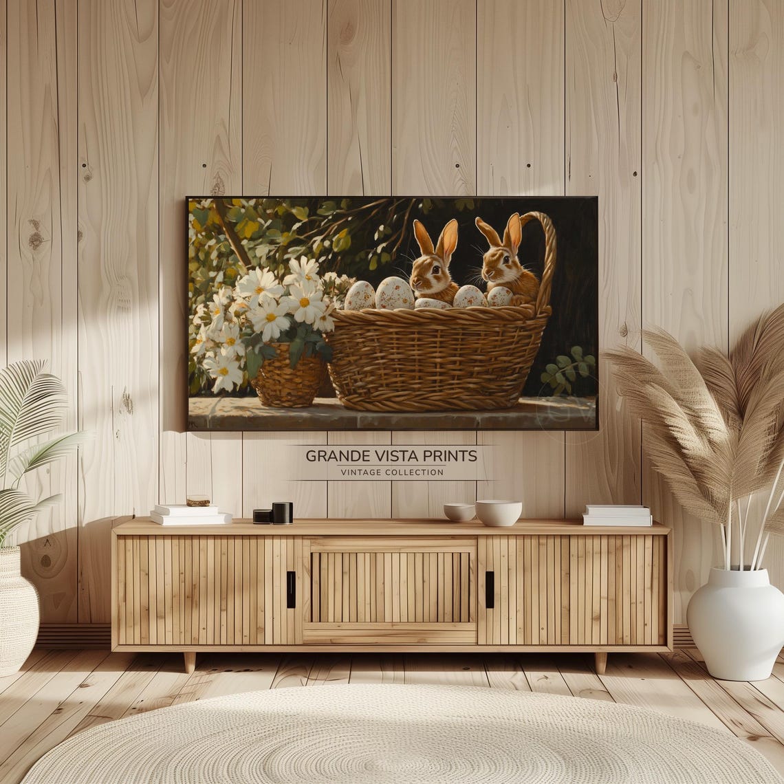 Two Bunnies with Easter Eggs Wicker Basket Daisies Rustic Wall Art - Image 2