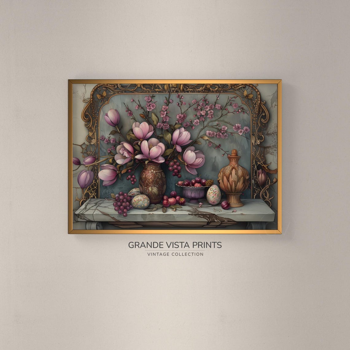 Pink Magnolia Easter Still Life with Painted Eggs Plums Vintage Print