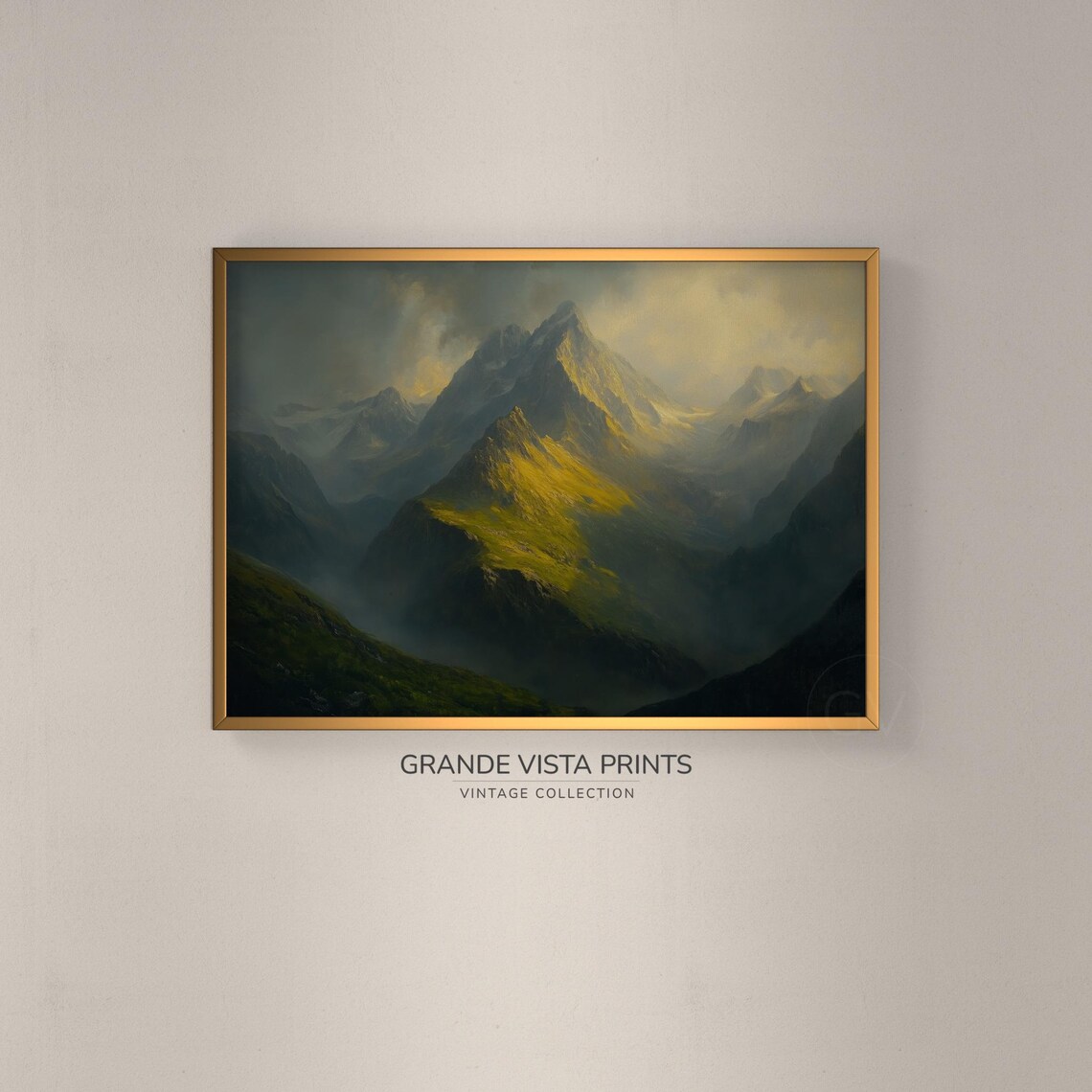 Misty Mountain Peaks Golden Light Rugged Valley Vintage Poster