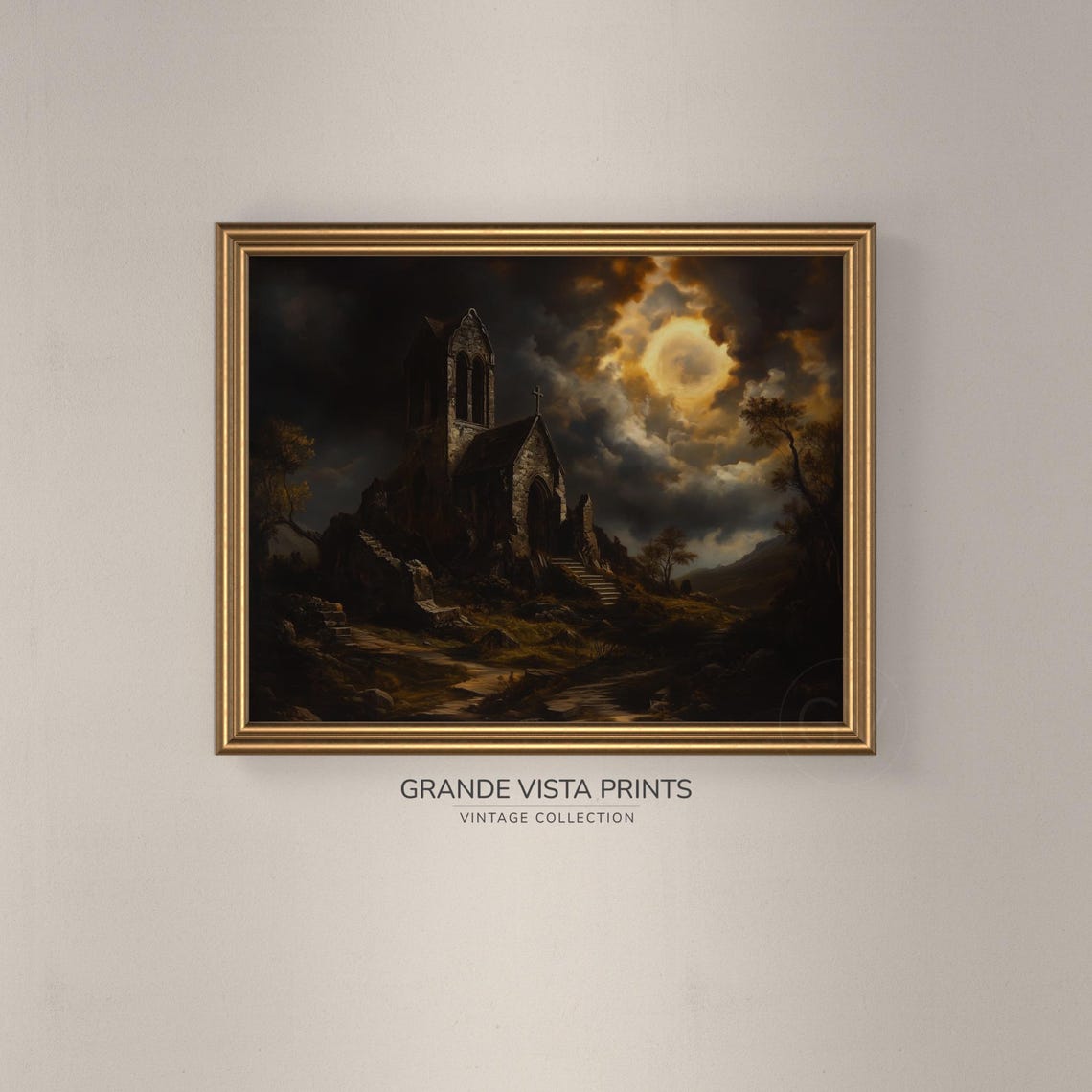 Dark Academia Ruined Stone Church Stormy Night Clouds Moon Print - Image 3
