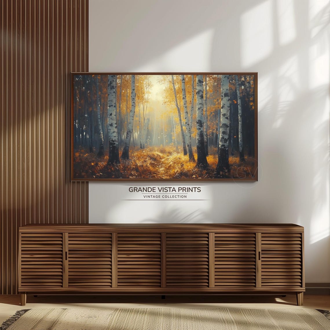 Golden Birch Forest Sunlight Through Canopy Path Vintage Poster - Image 3