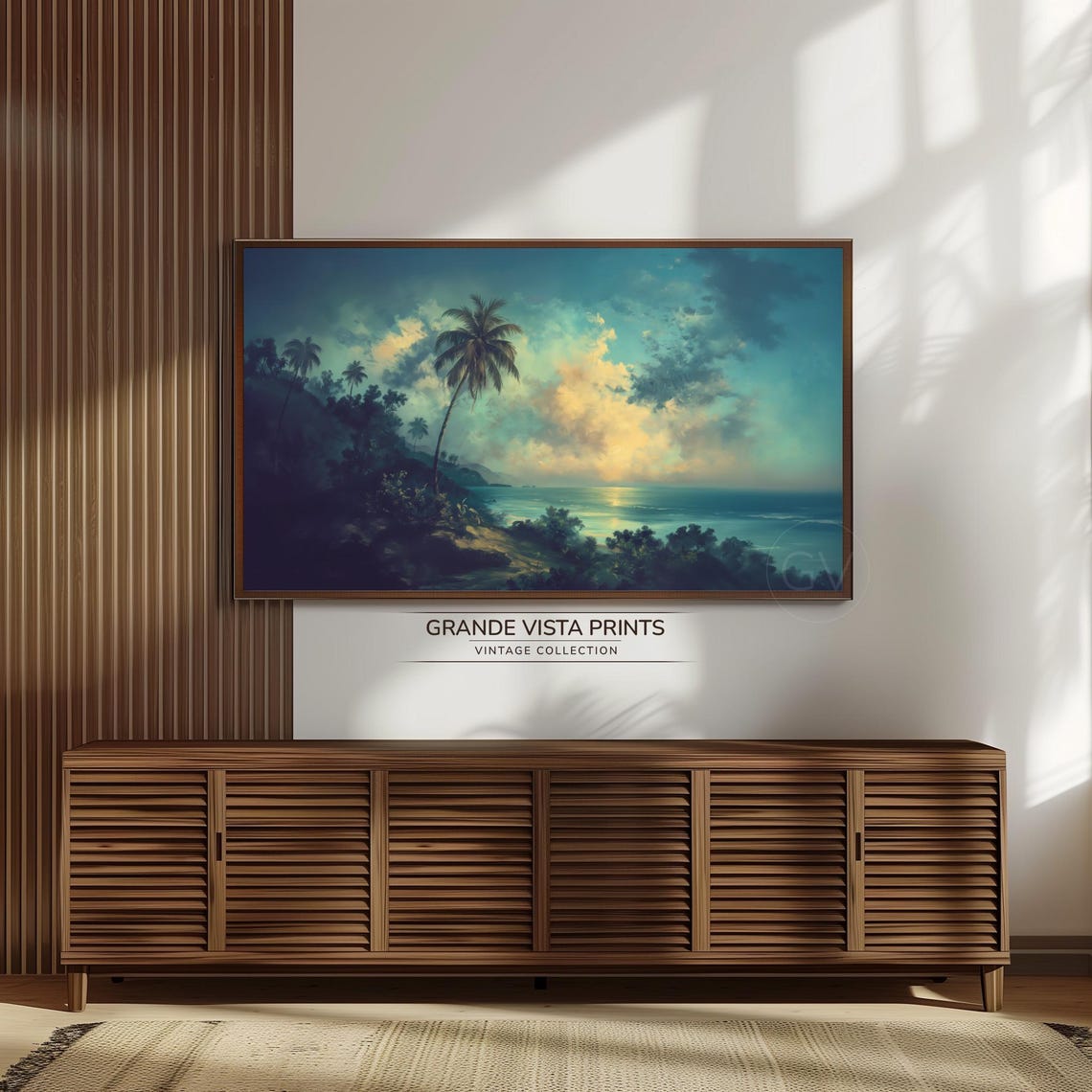 Tropical Palm Beach Cliff Dusk Turquoise Sea Golden Sky Poster - Image 3