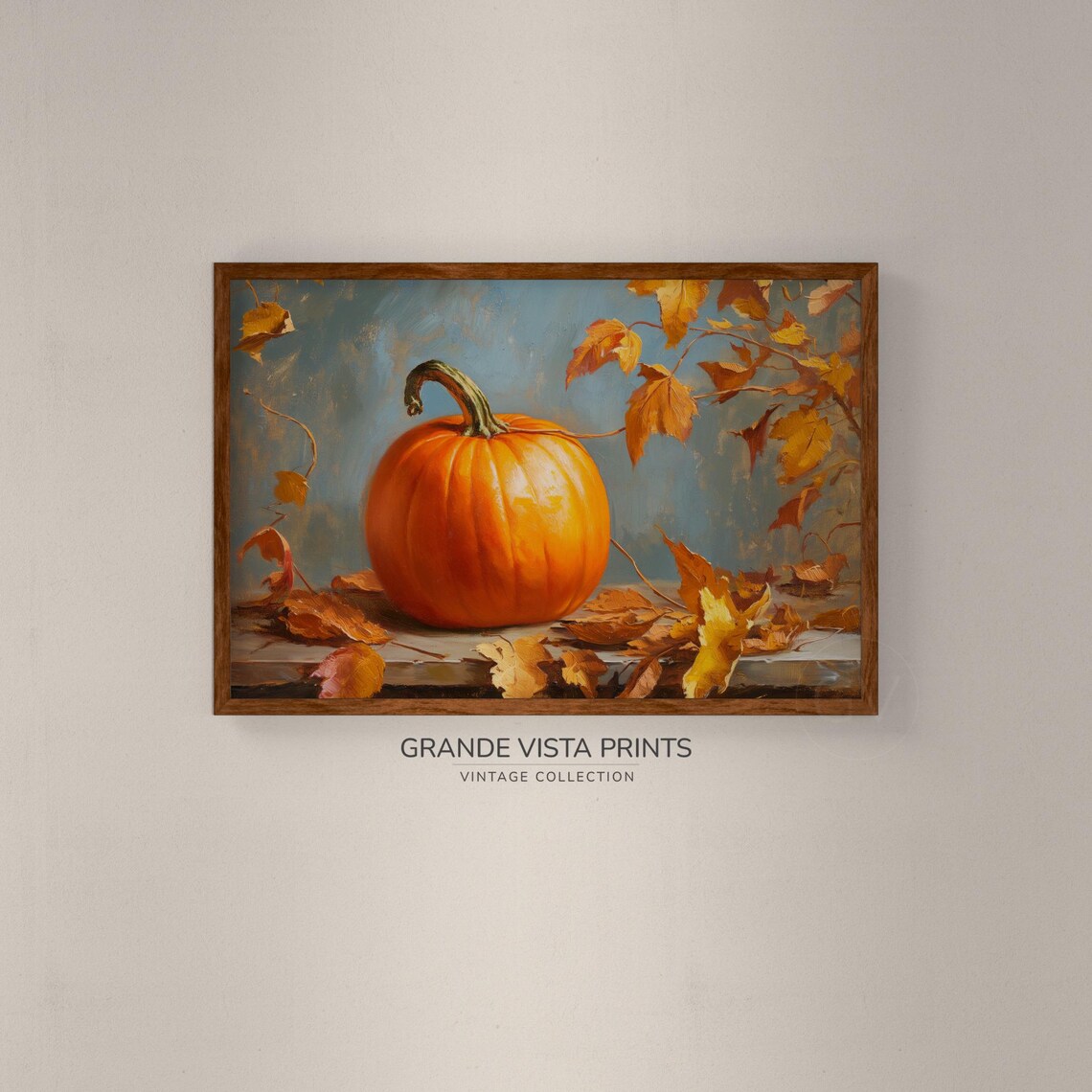 Orange Pumpkin Golden Leaves Rustic Blue Harvest Still Life Painting Poster - Image 2