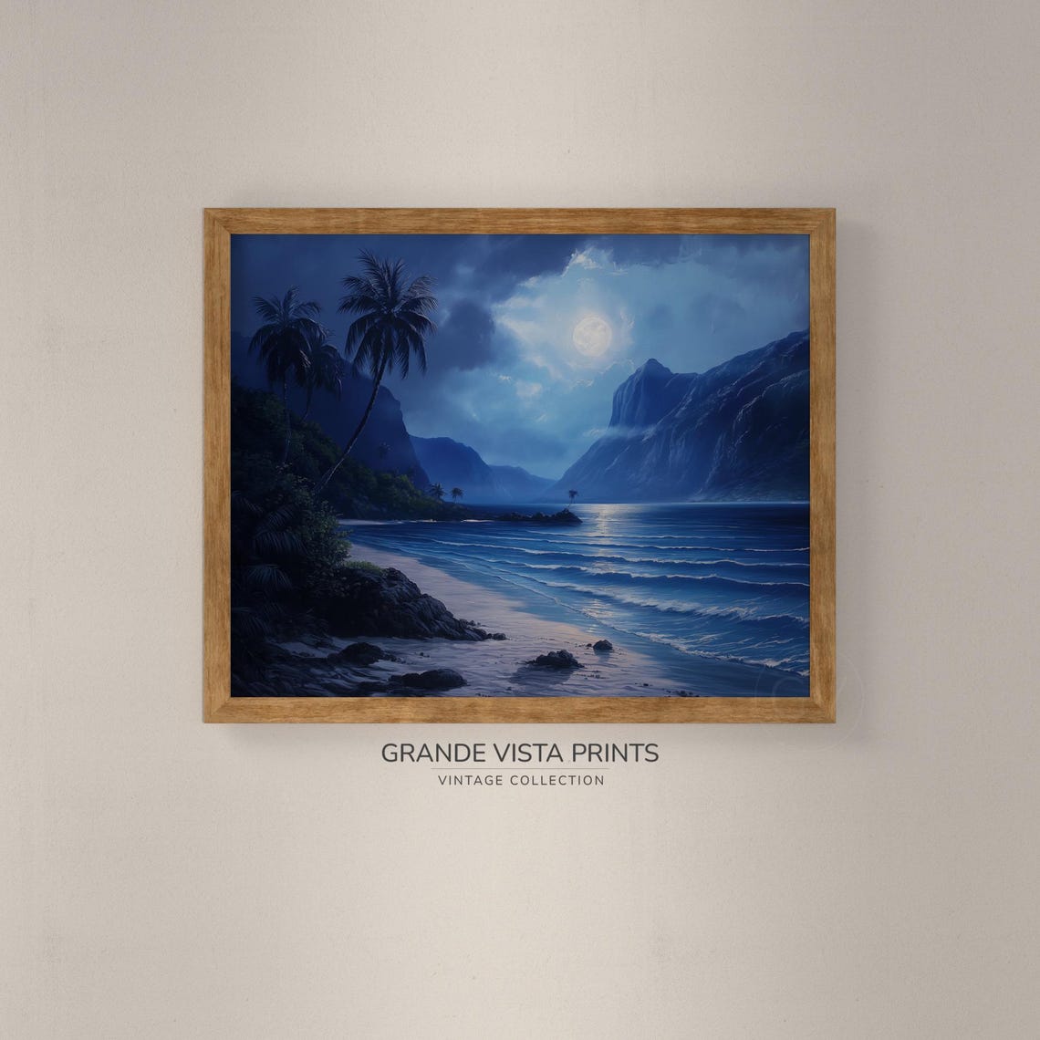Tropical Blue Night Beach Moonlit Waves Cliffs Coastal Travel Poster - Image 4