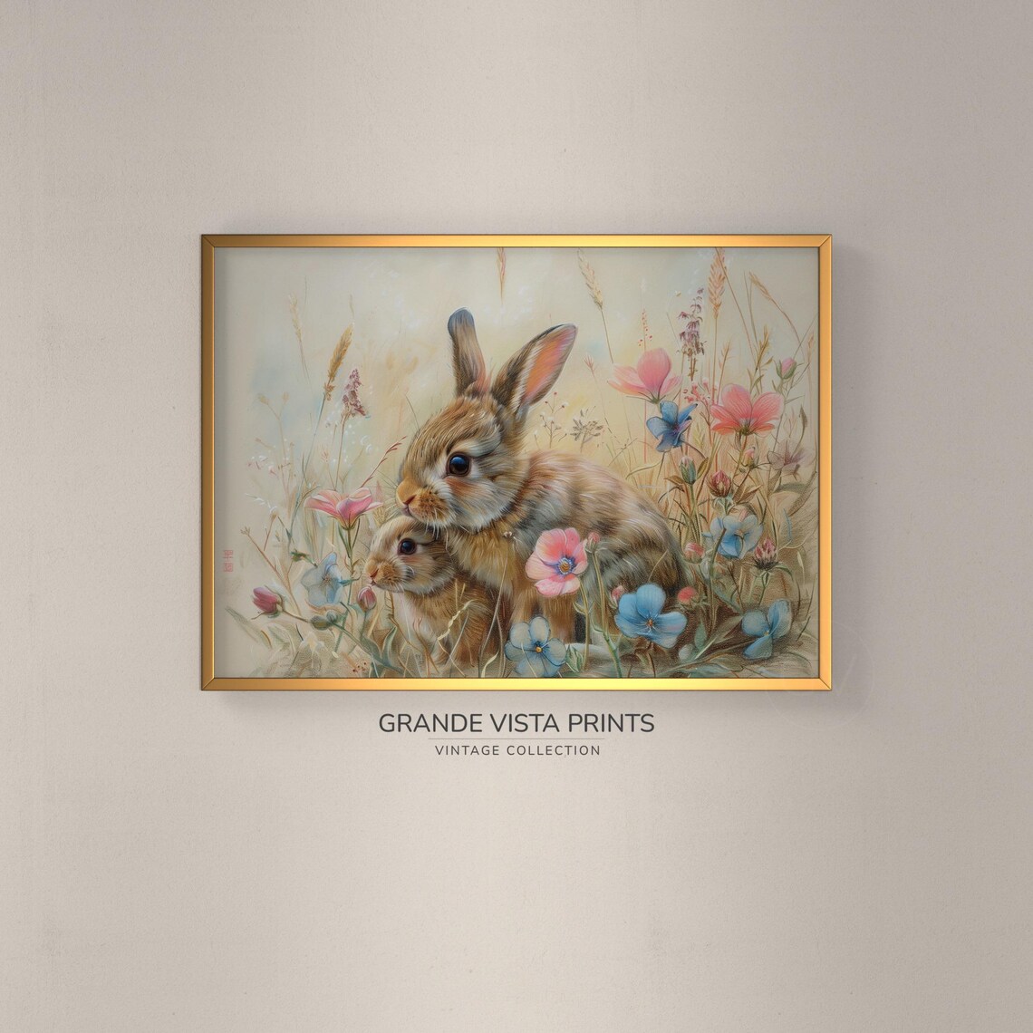 Easter Rabbits Pastel Drawing, Easter Decor