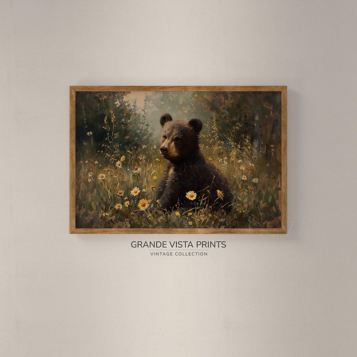 Black Bear Cub Daisy Field Golden Light Vintage Wildlife Poster - Image 2