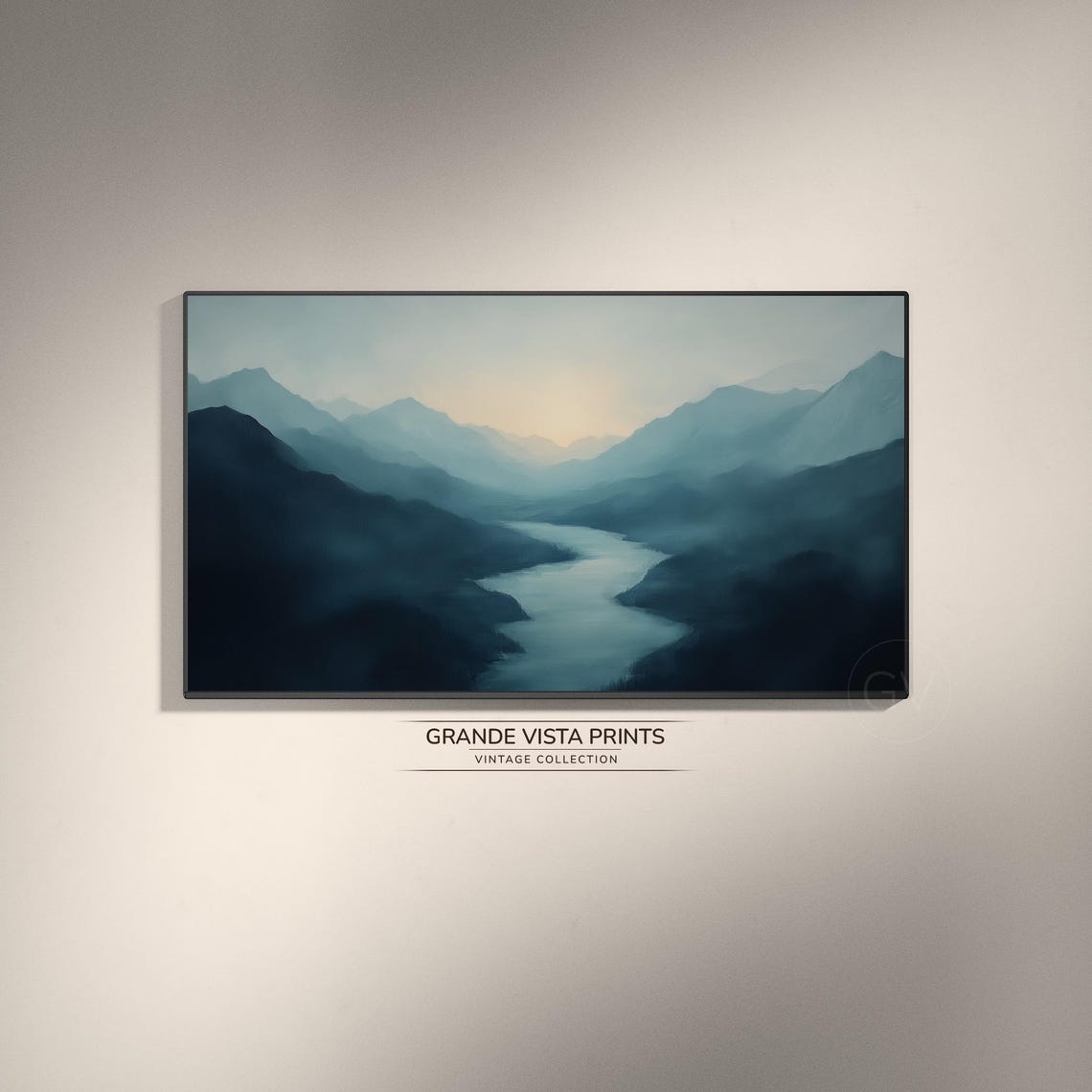 Misty Blue Mountain Valley Dawn River Panoramic View Travel Poster