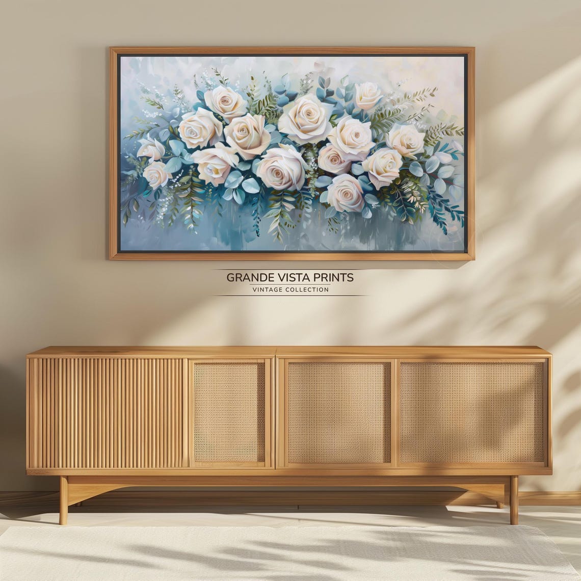 White Rose Bouquet Eucalyptus Blue Grey Elegant Floral Wall Art Poster - Image 4