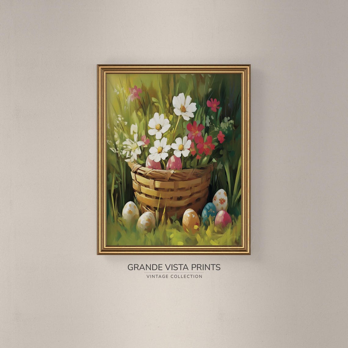 Easter Basket Pink Eggs White Cosmos Spring Meadow Vintage Poster - Image 3