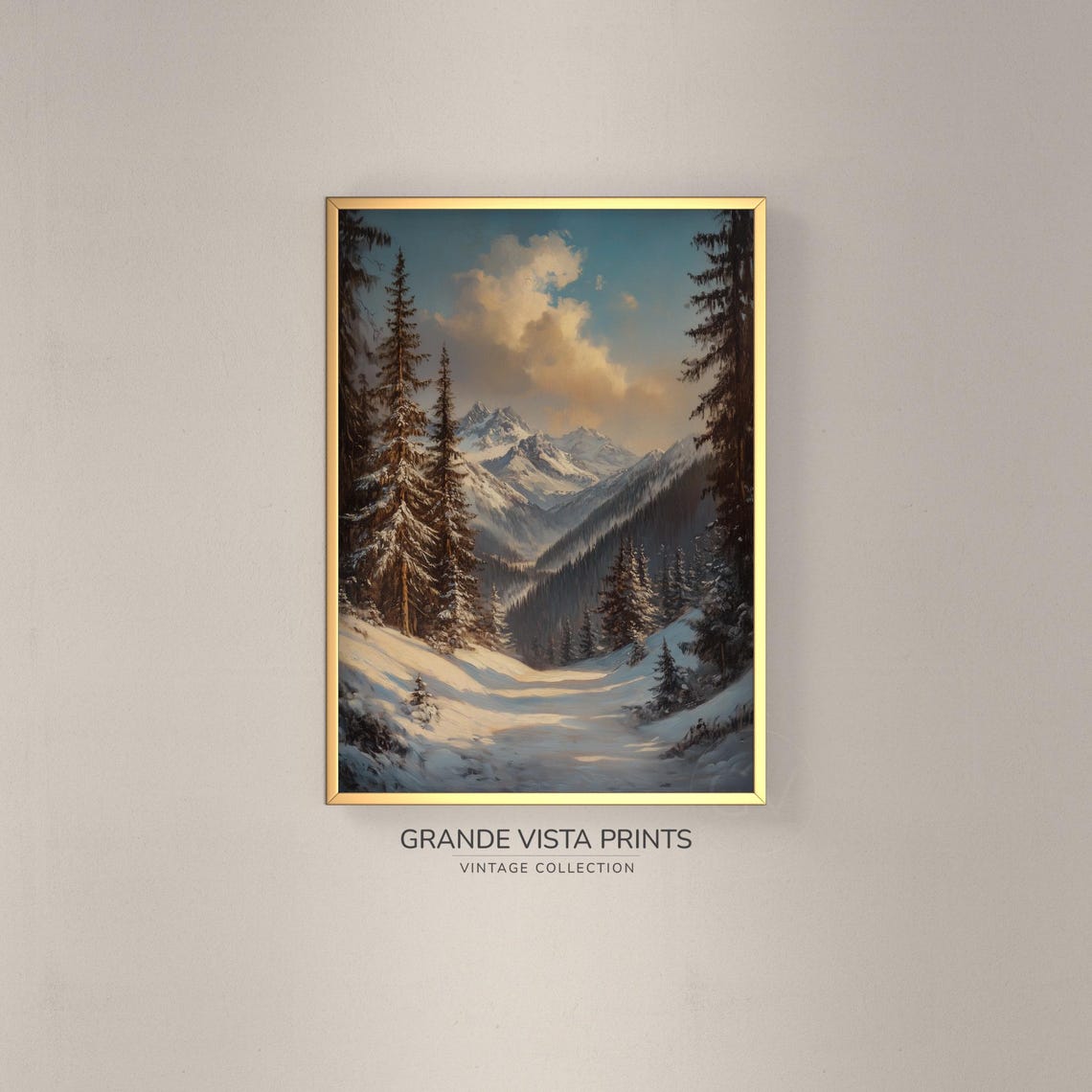 Snowy Mountain Valley Tall Pines Warm Clouds Winter Travel Poster