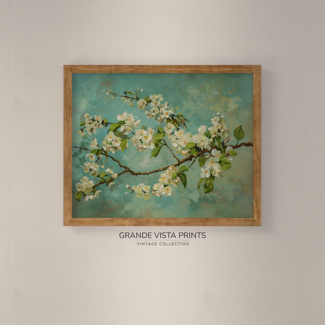 White Cherry Blossom Branch Teal Background Spring Floral Art Print - Image 4