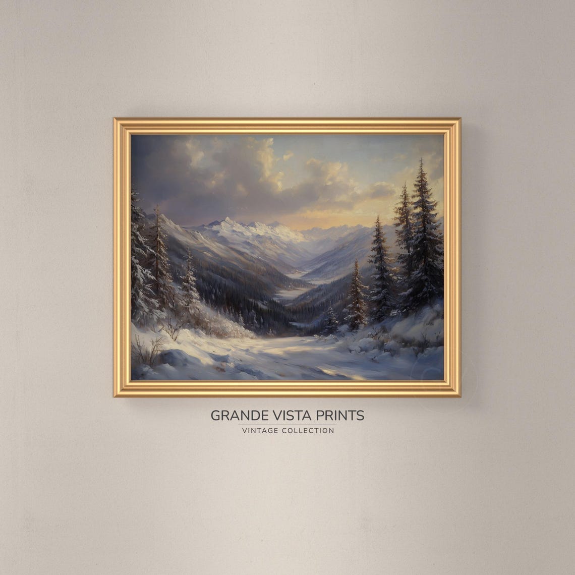 Golden Hour Alpine Valley Snowy Peaks Vintage Winter Landscape Poster - Image 3