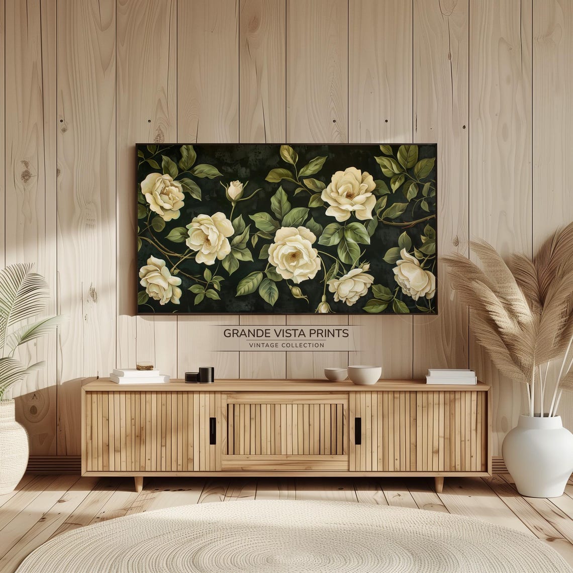 White Roses Dark Botanical Moody Floral Panoramic Vintage Wall Art - Image 2