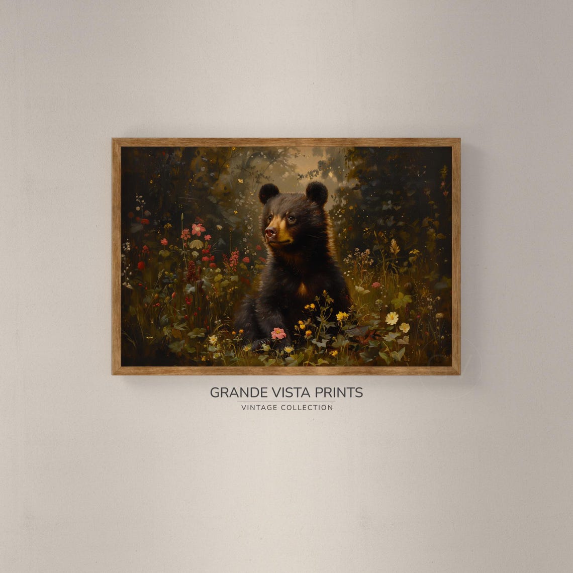 Black Bear Cub Wildflower Garden Golden Forest Wildlife Wall Poster - Image 2