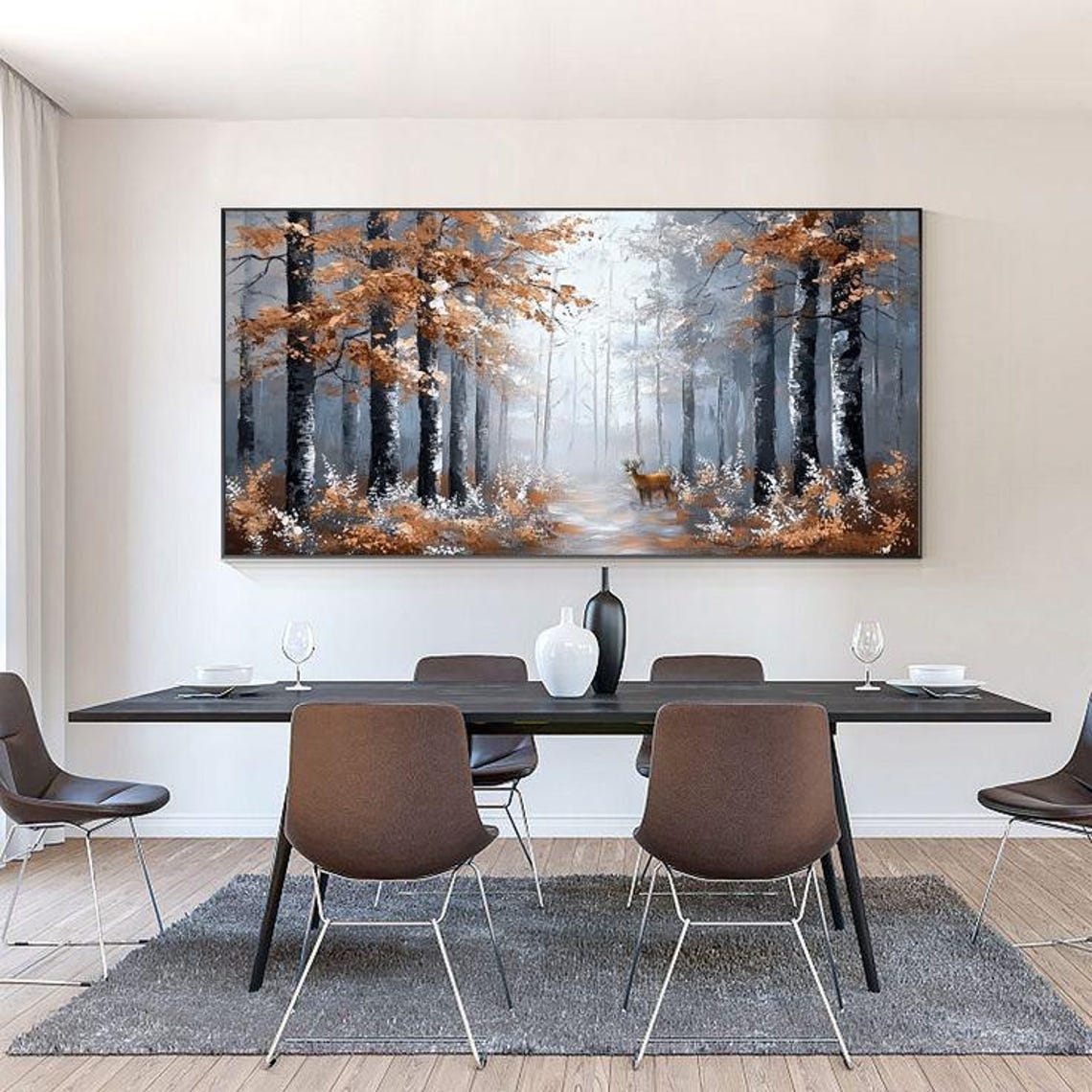 Rustic Autumn Birch Forest with Deer Misty Woodland Scene Poster - Image 5