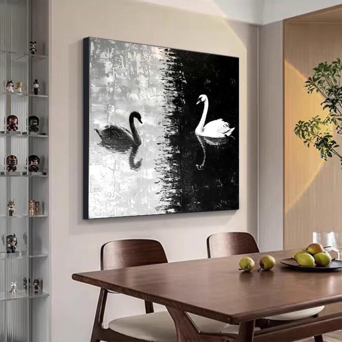 Black and White Swans Gliding on a Moonlit Lake Square Poster - Image 4