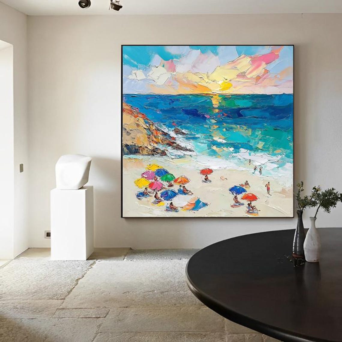 Colorful Beach Umbrellas at Sunset on a Turquoise Shore Square Poster - Image 3