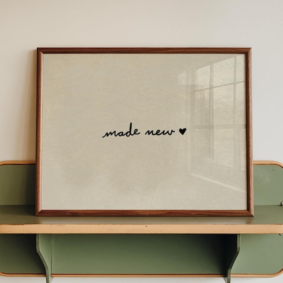 Made New Heart Script Minimalist Beige Linen Typography Poster