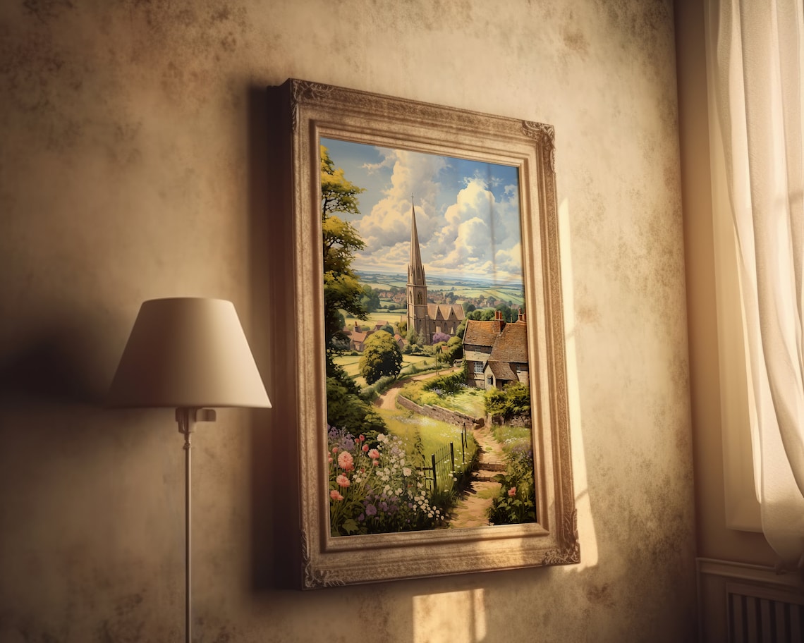 English Countryside Village Scene Art Print, Vintage - Image 4