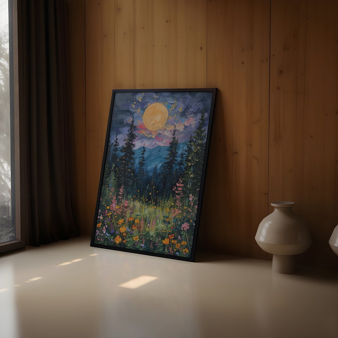 Moon Above Wildflowers and Woodland Art Print - Image 4