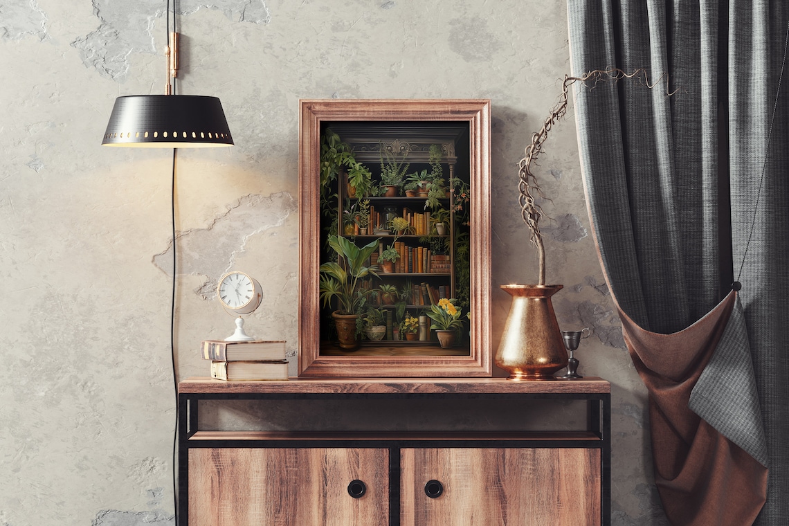 Dark Academia Bookcase and Plants Art Print - Image 4
